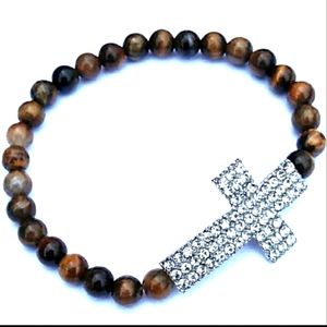NWOT Genuine Tiger Eye Paved Rhinestone Cross Brac